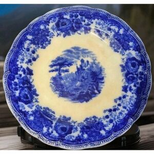 Antique 19thC W Adams Fairy Villas Flow Blue‎ 12" Chop Plate Platter